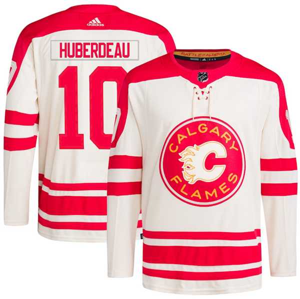 Mens Calgary Flames #10 Jonathan Huberdeau 2023 Cream Classic Primegreen Stitched Jersey Dzhi